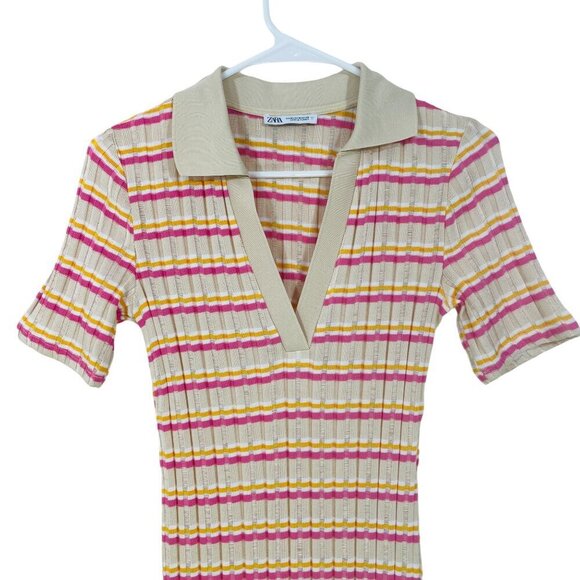 Zara Womens Size M Maxi Polo Dress Stretch‎ Striped Beige Pink Short Sleeve - Picture 3 of 8